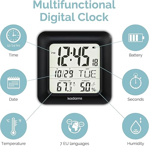 Miniatura 7 de KADAMS Reloj de pared de cocina de 9.5 pulgadas con pantalla LCD grande, reloj de ducha con ventosa, temperatura, humedad, calendario, resistente al