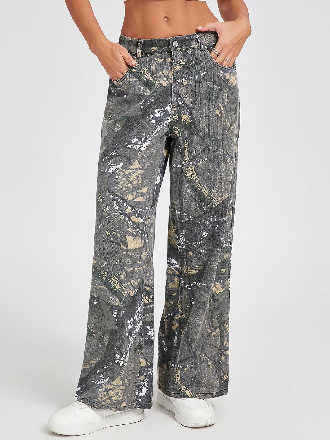 LifeShe Baggy Camo Pants Women Mid Rise Wide Leg Camouflage Jeans Elastic Waist Army Fatigue Denim Sweatpants - Image 4