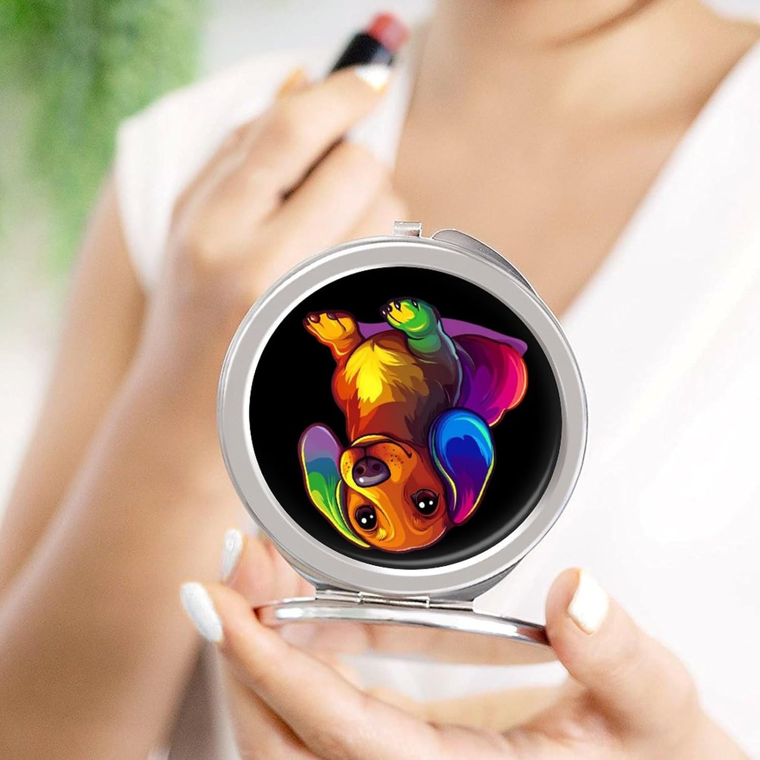 Colorful Dachshund Compact Makeup Mirror Mini Foldable Cosmetic Mirror Portable Travel Mirror for Purse Pocket