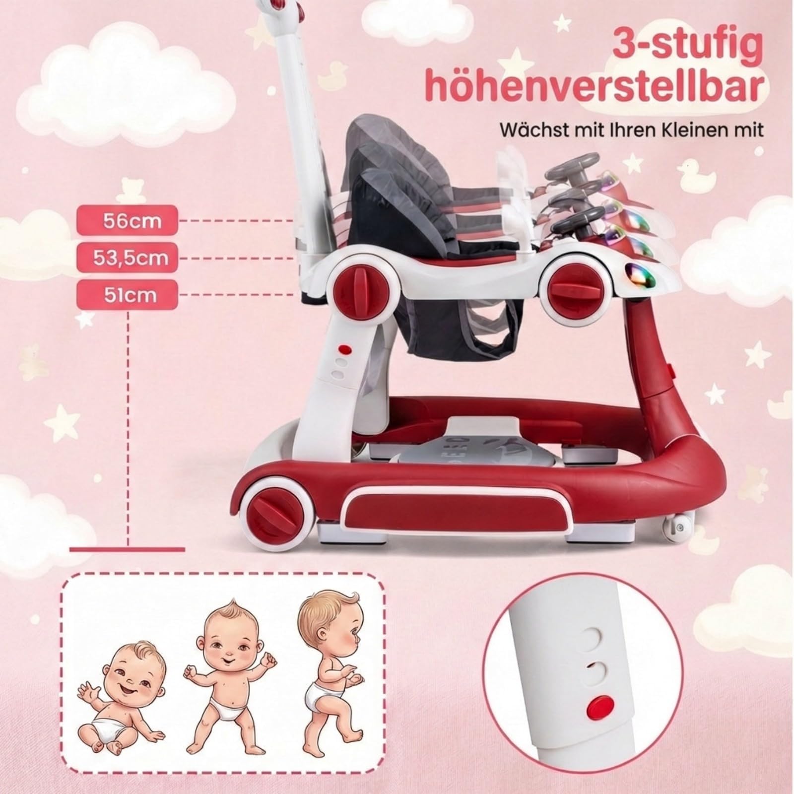 FANTASK 7 in 1 Lauflernhilfe mit abnehmbarem Verdeck, Lauflernwagen höhenverstellbar mit Spielboard, Musik, Licht & Rädern, Gehfrei mit einstellbarer Geschwindigkeit für Baby ab 6 Monaten (Weinrot)