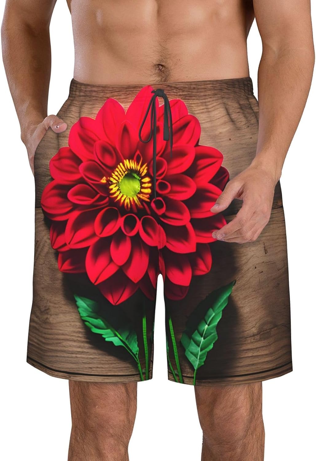 Mens Wooden Board Retro Flower Red Dahlia Print Beach Shorts,Casual Summer Shorts for Men,Quick Dry Polyester