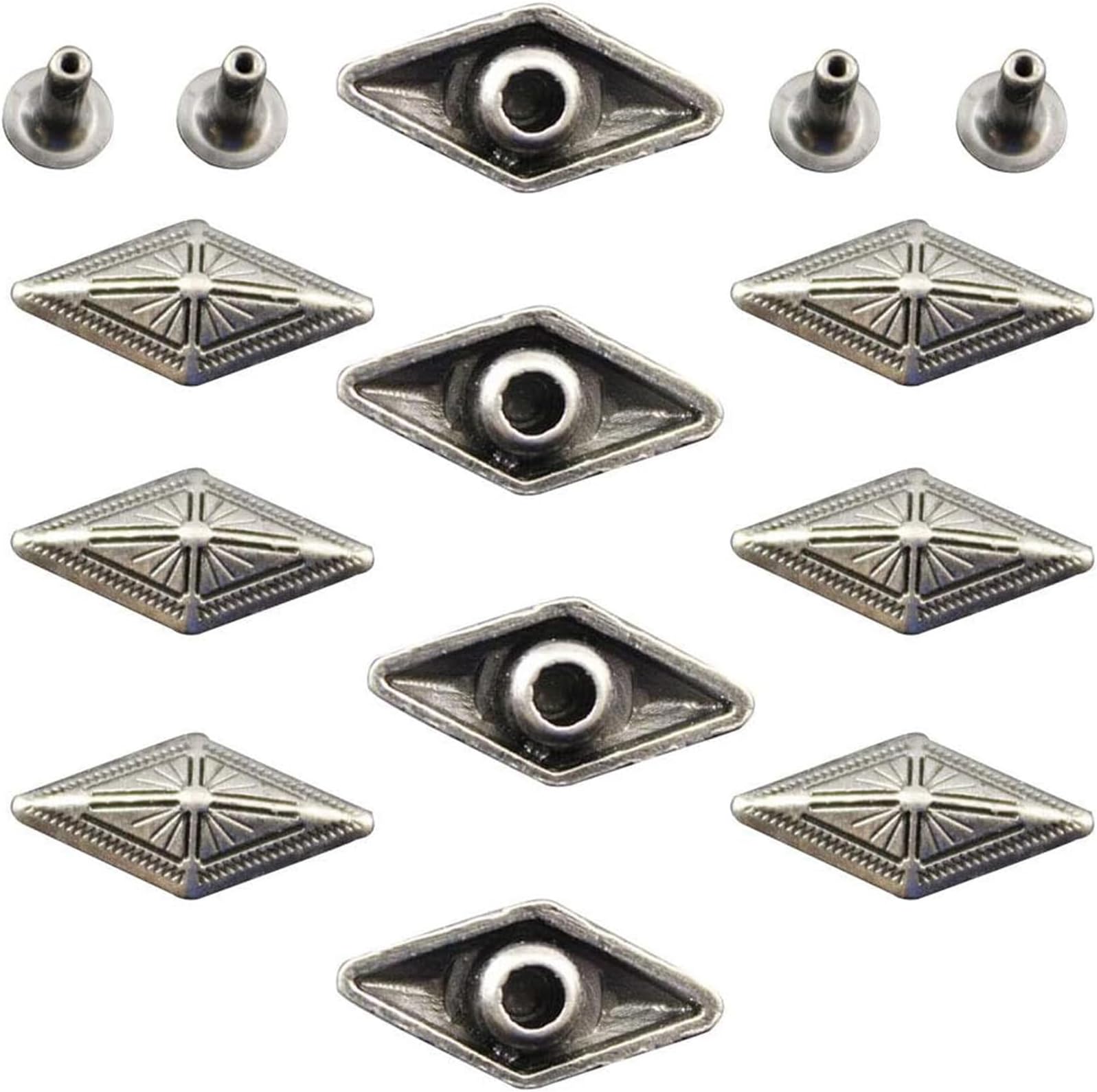 Mingchen Retro Diamond Shape Decorative Rivet Metal Stereoscopic Pattern Carving Shape Conchos Castings Screw Back Buttons Personality DIY Leather Goods Decoration Accessories 30 Pieces