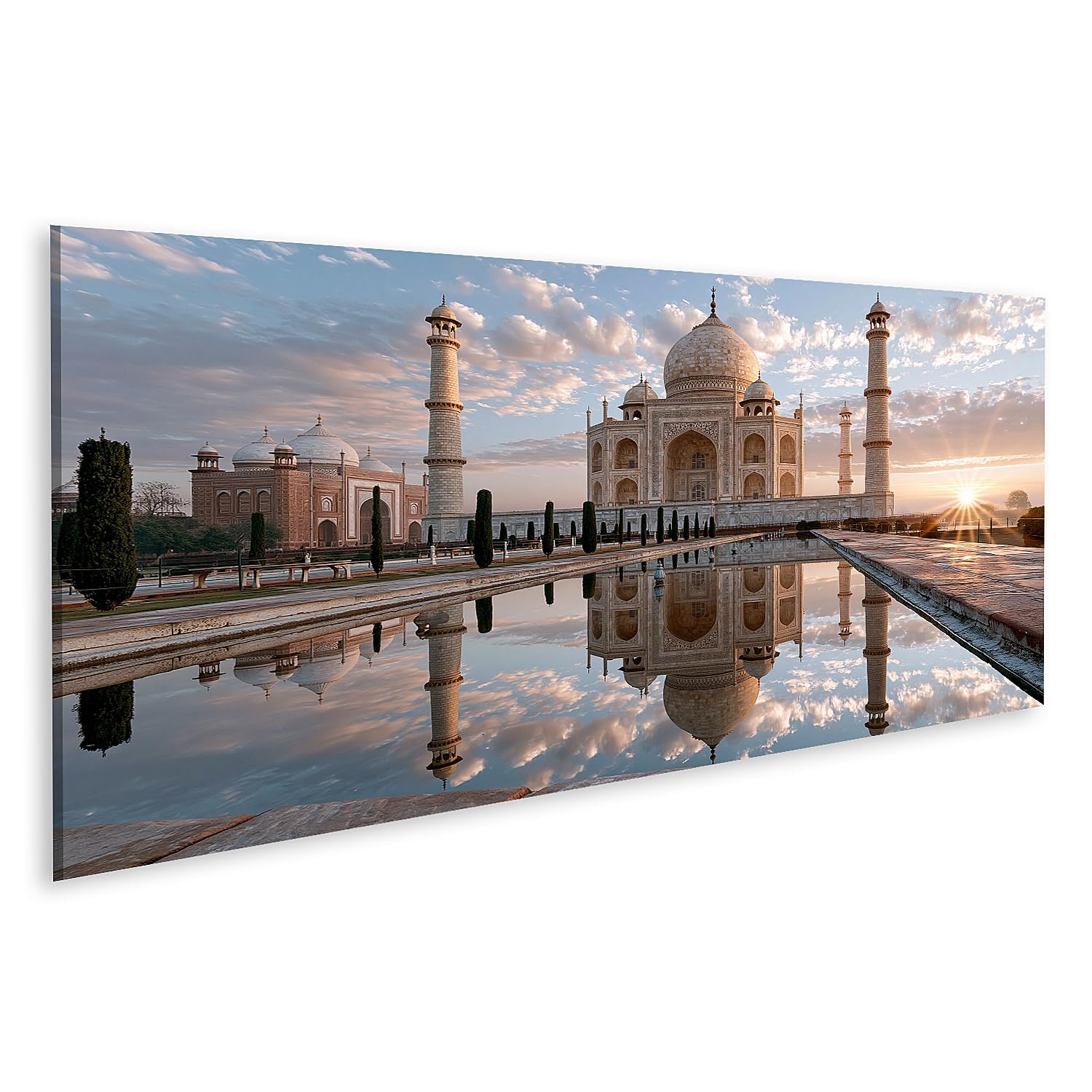 islandburner Cuadro sobre lienzo majestuoso Taj Mahal mural para sala de estar, decoración para aficionados a los viajes, panorámica