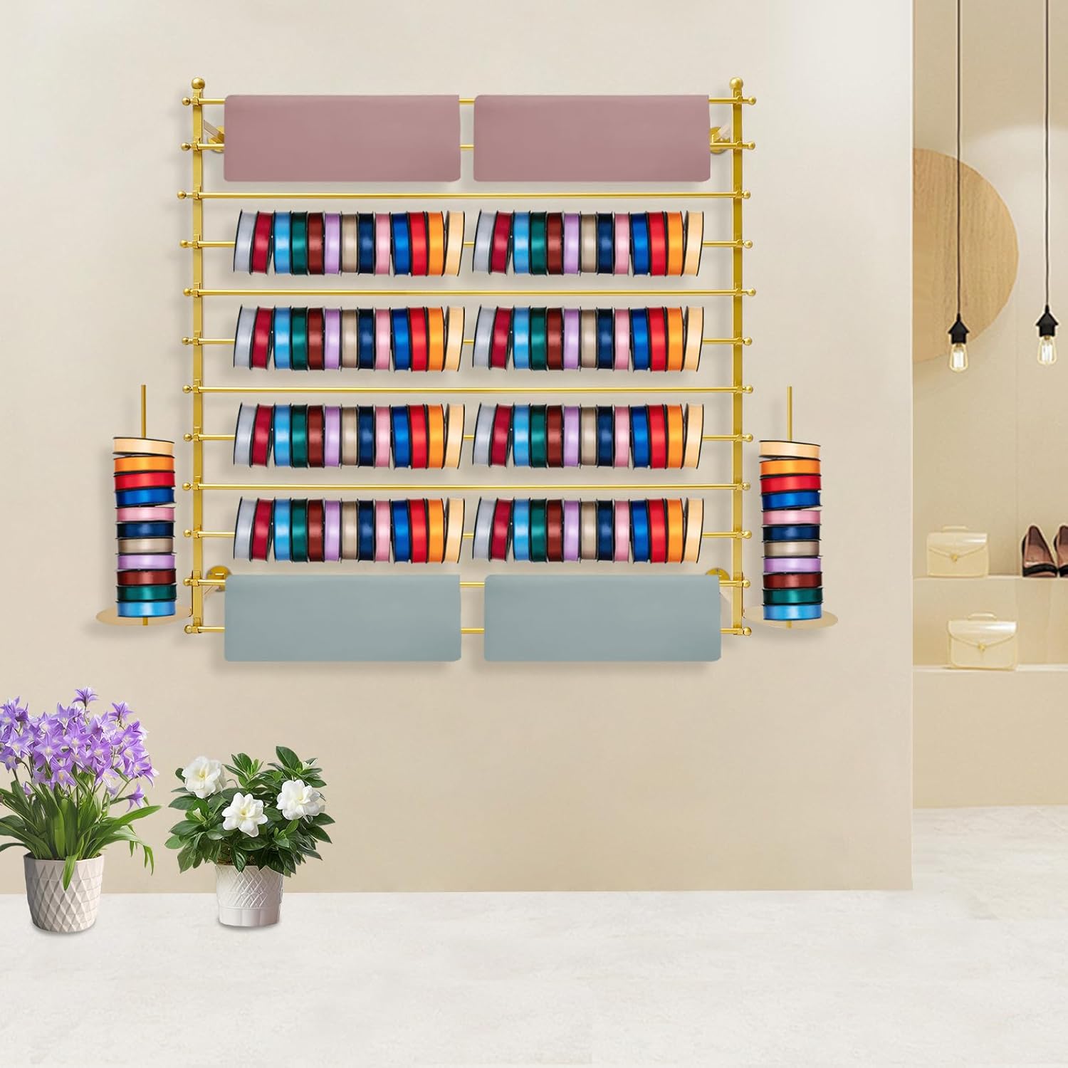 12-Layer Wall Mounted Ribbon Holder Organizer Rack, Wrapping Paper Storage Organizer, Ribbon Display Rack for Flower Shop, Craft Room, Belt/Tie/Scarf Rack, HxW 47.2X47.2in, Assemble Require