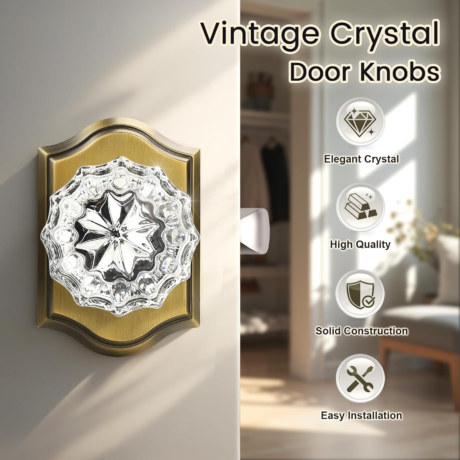KNOBWELL Octagonal Crystal Door Knobs Interior, Glass Door Lock in Antique Brass, Passage Door Locksets for Hallways and Closet, Zinc Alloy, 1 Pack