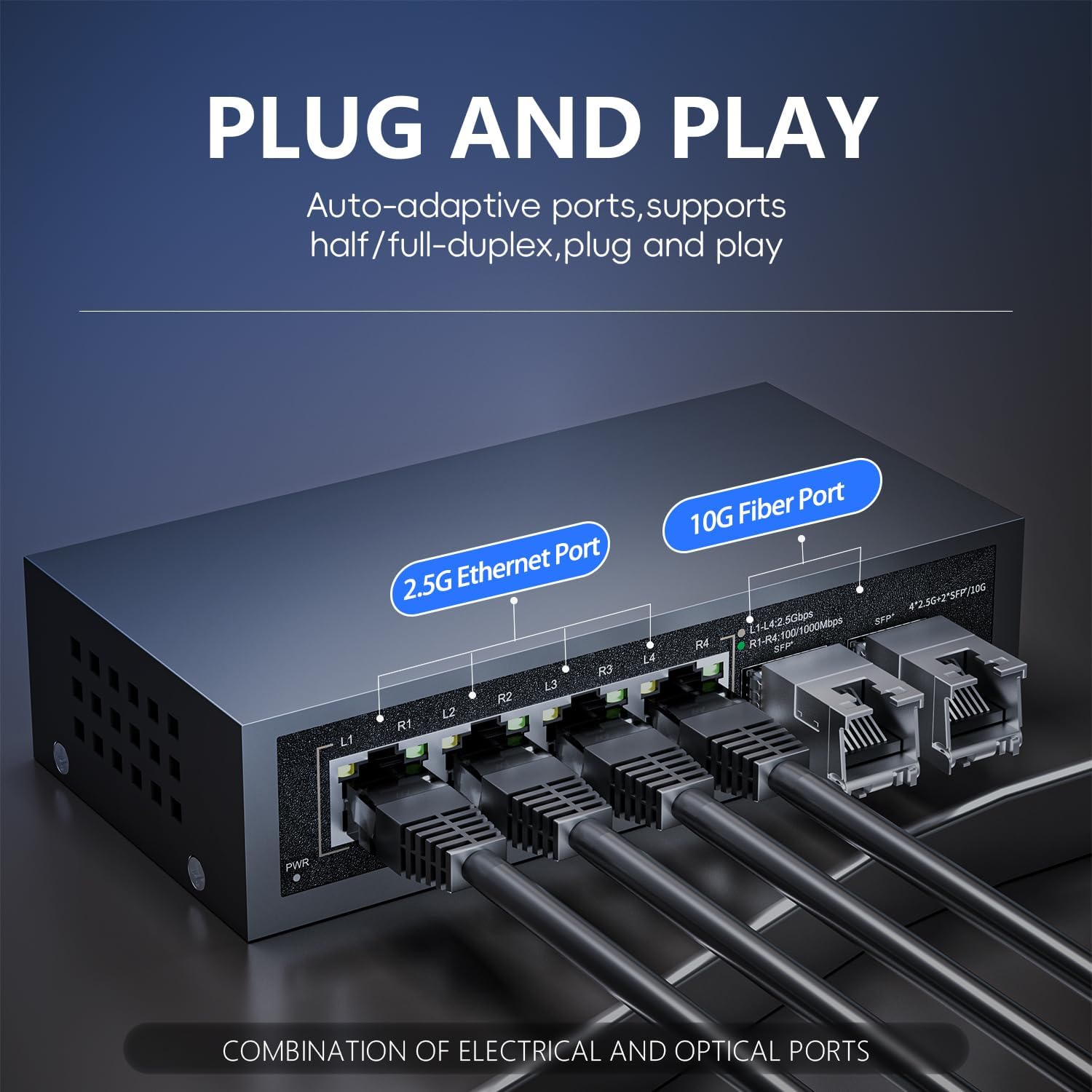 6 Port 2.5Gb Ethernet Switch Unmanaged Network Switch | 4 x 2.5 Gigabit | 2 x 10G SFP+ | Compatible 100/1000/2500Mbps | Plug & Play | Fanless Metal Switch for Wireless AP, NAS, PC