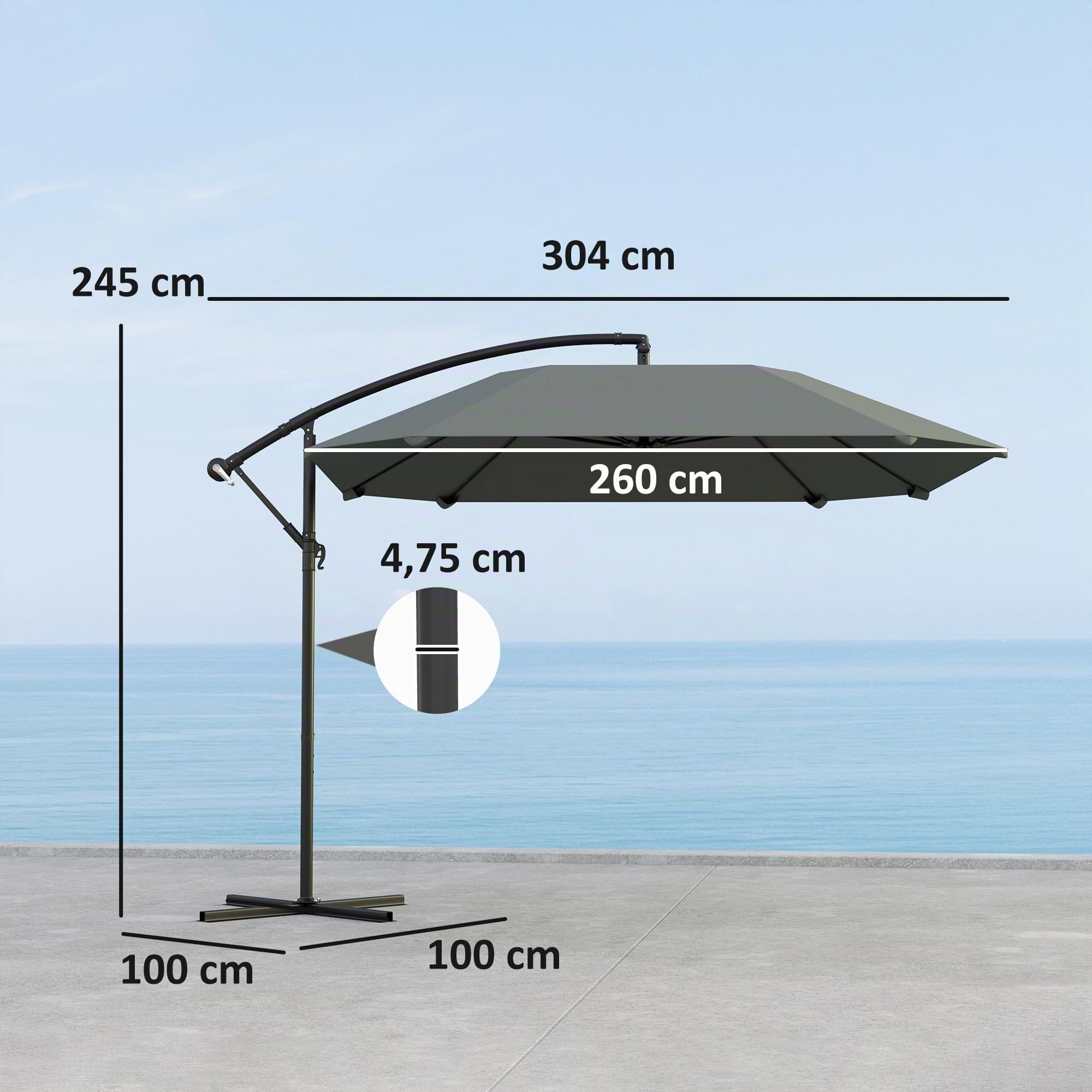 Outsunny Parasol Déporté Inclinable Base 304 x 260 x 245 cm Gris Foncé