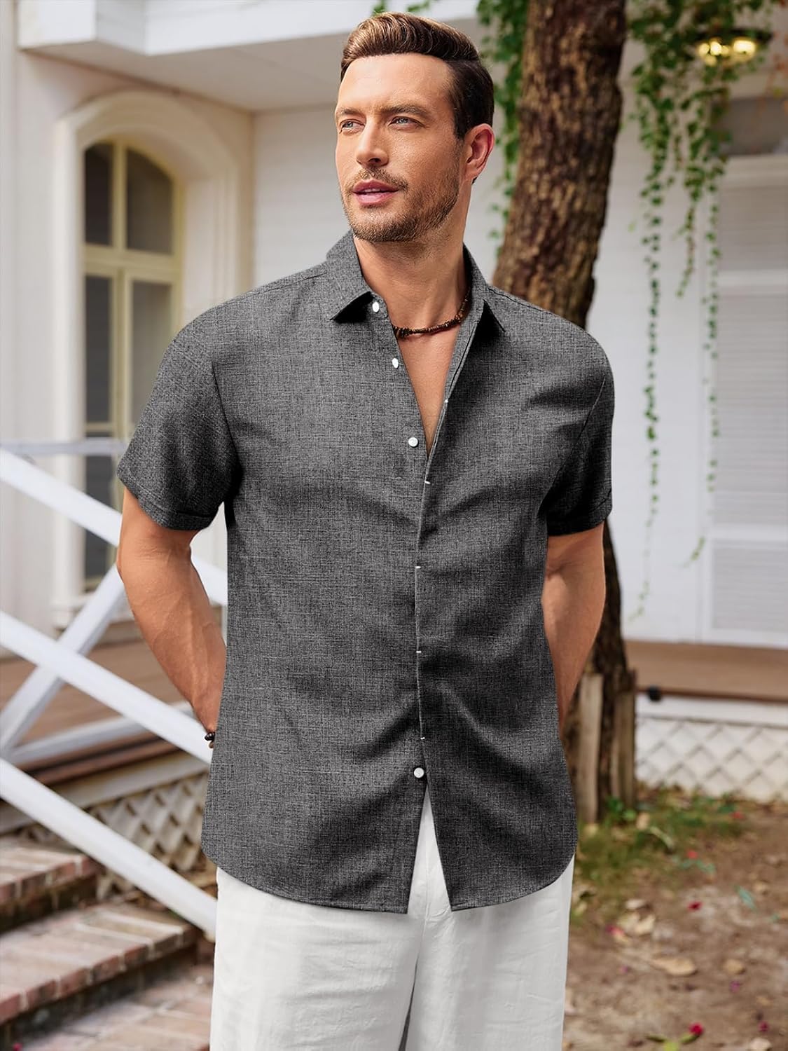 Runcati Mens Short Sleeve Linen Shirts Button Down Casual Texture Summer Beach Wedding Tops - Image 3
