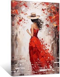 ZXHYWYM Abstract Girl Painting Prints Woman in Red Dress Canvas Pictures Elegant Artwork for Girls Room Bedroom Wall Decor Framed(Red, (12.00" x 18.00"))
