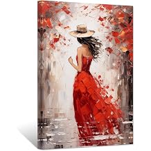 ZXHYWYM Abstract Girl Painting Prints Woman in Red Dress Canvas Pictures Elegant Artwork for Girls Room Bedroom Wall Decor FramedRed, 12.00" x 18.00"