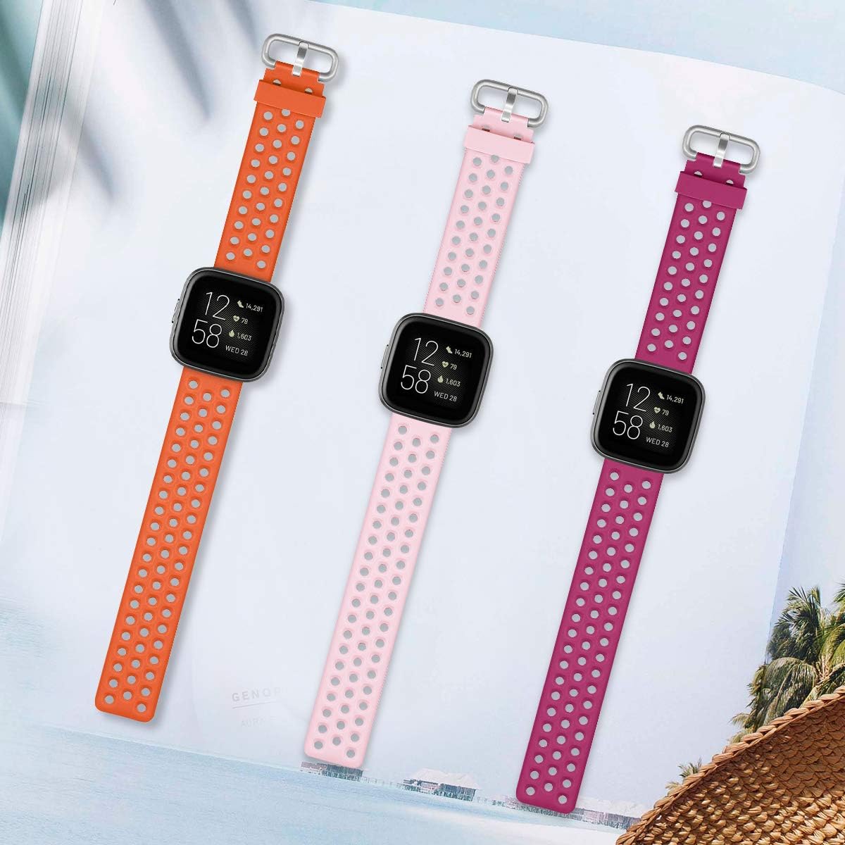 NANW 3-Pack Sport Bands Compatible with Fitbit Versa 2/Versa Lite/Versa for Women Men, Soft Waterproof Silicone Strap Replacement Wristband with Air Holes for Versa 2 Smartwatch