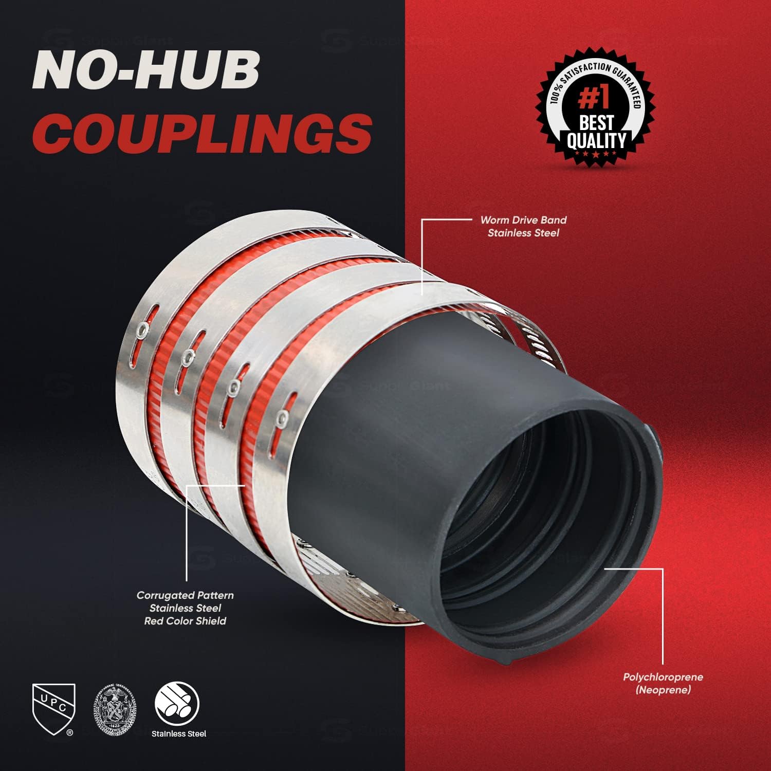 Supply Giant 37722CS No-Hub Coupling Heavy Duty Colored Shield, 5 inch, Red