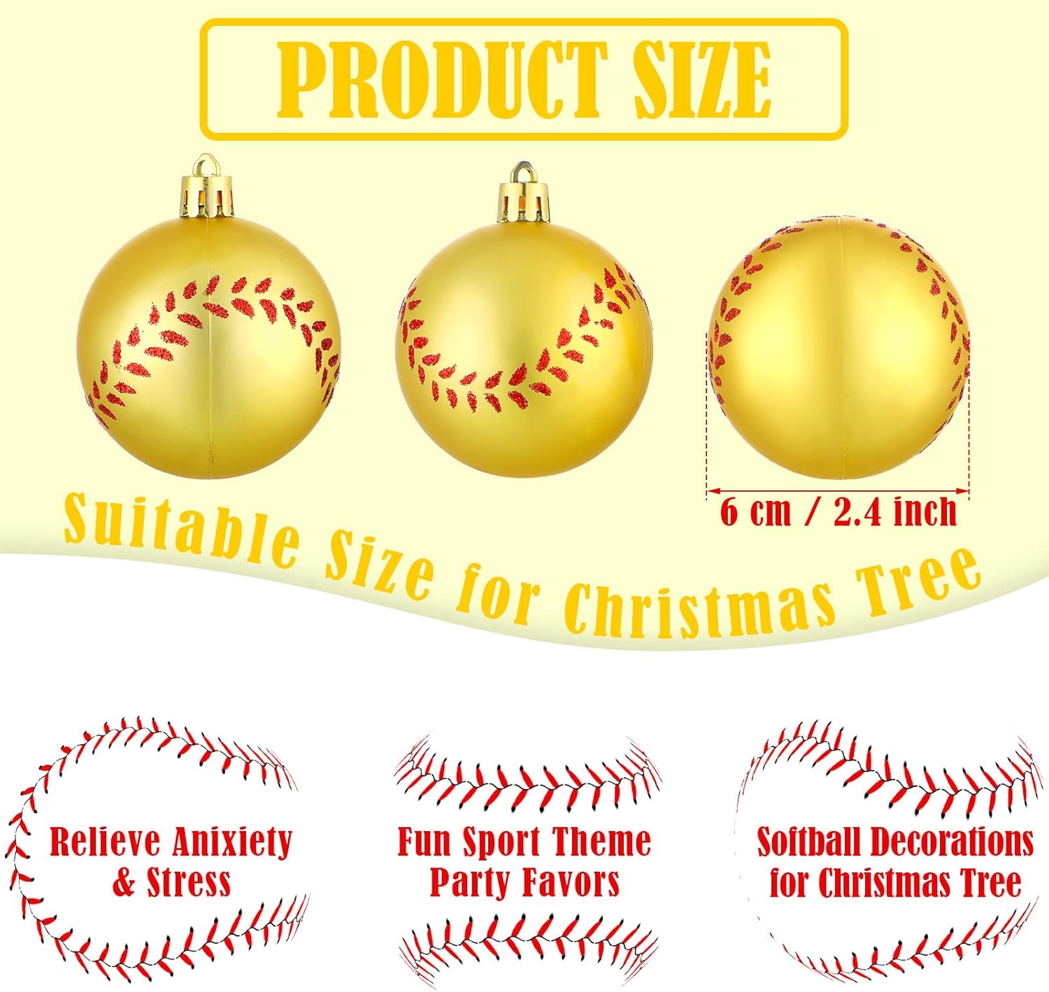 Christmas Baseball Ornament Hanging Decorations for Party Ornaments for Christmas Tree Xmas Bauble Sport Balls Festive Hanger Classic Red and Silver Holiday Theme Supplies(Softball,24 Pcs)