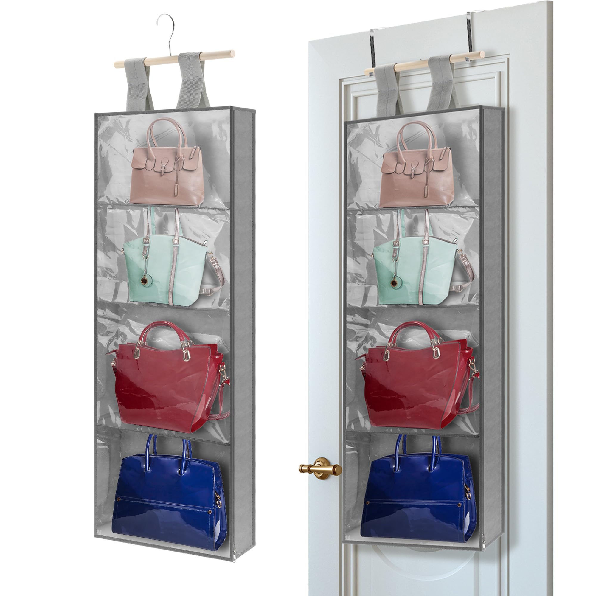 Organiseur de sac à main à suspendre pour armoire à 4 poches transparentes (118,5x41 cm)