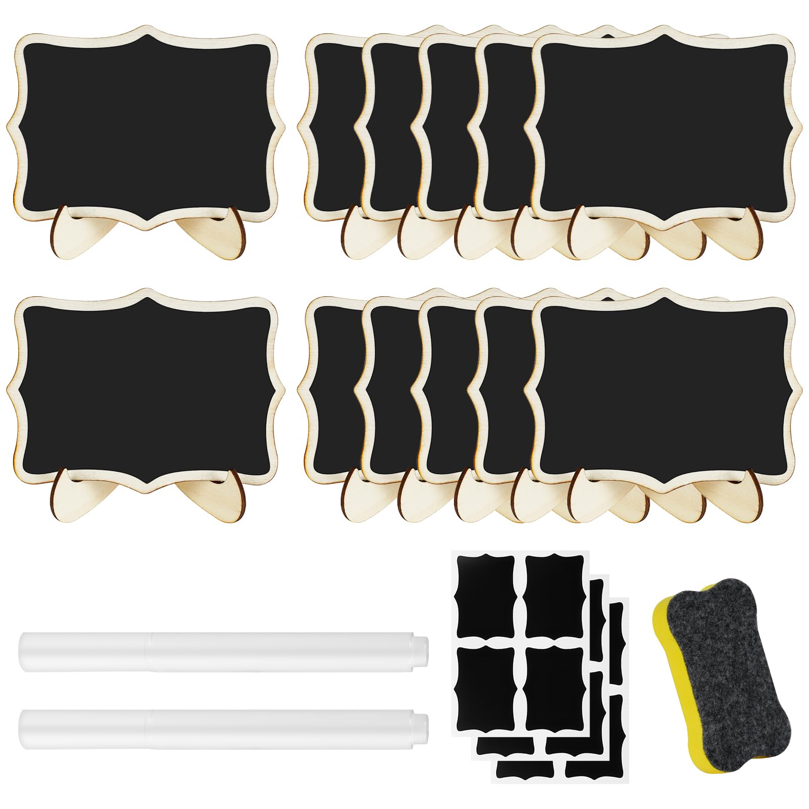 AUAUY 12 Pcs Mini Chalkboard Signs, Small Chalk Board with Stand, 2 Water-Soluble Pens, 12 Small PVC Papers for Buffet Food Label, Seating Card, Table Number, Price Tag, Event Message Board(Irregular)