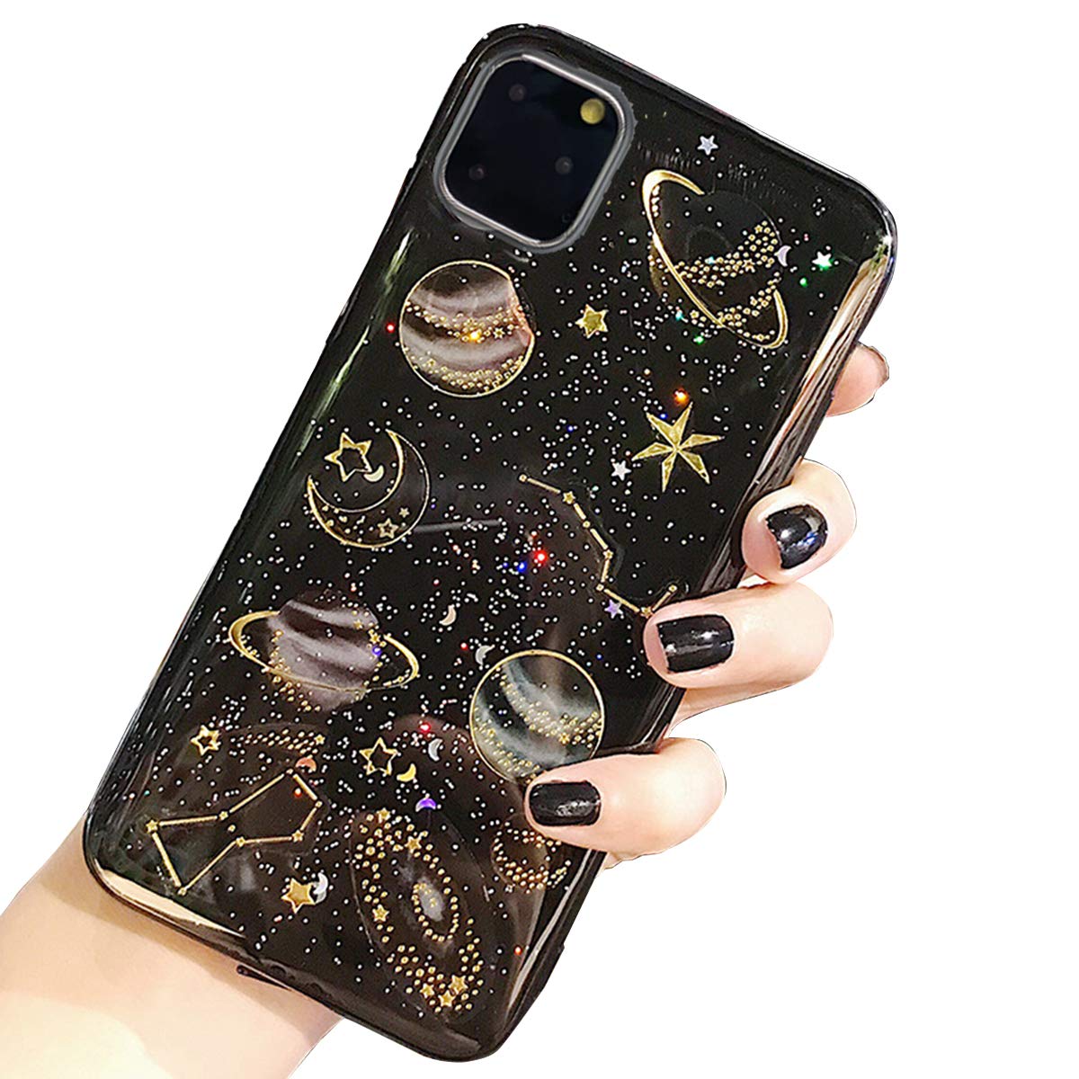 Topwin Space Case Compatible with iPhone 12/iPhone 12 Pro 6.1'' Bling Glitter Space Planet Sparkle Stars Moon Cosmos Outter Space Soft TPU Silicon Case for Apple Apple 12/12 Pro 6.1'' 2020 (Black)