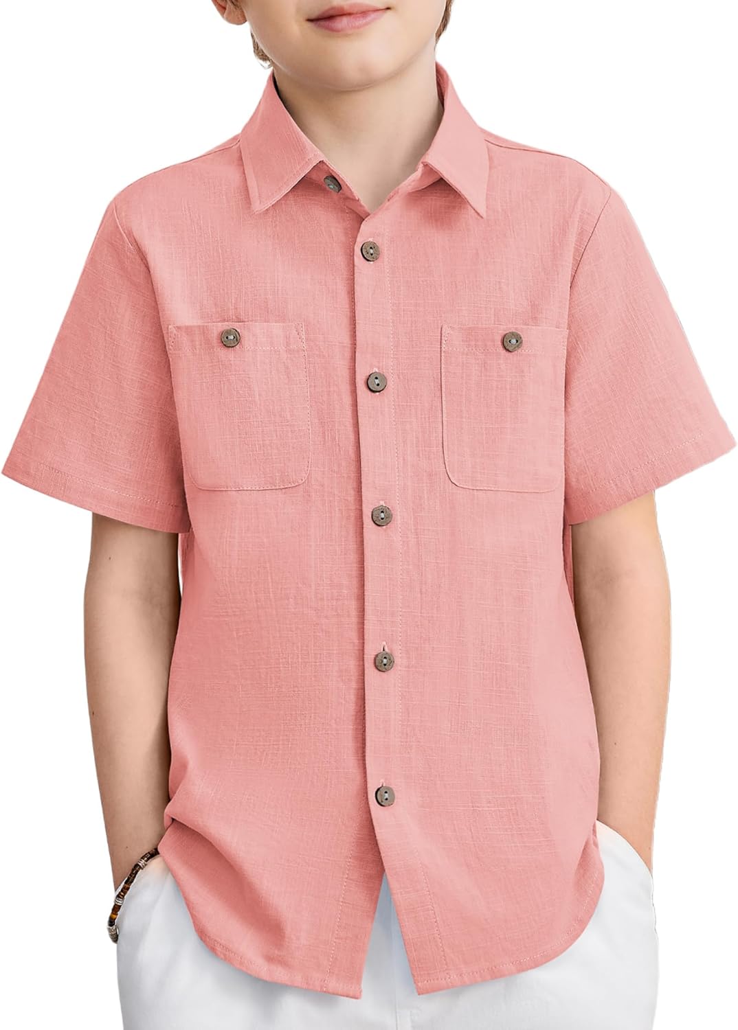 Arshiner Boys Short Sleeve Button Down Shirt Cotton Woven Casual Shirts with 2 Pockets for Kids 4-12 Years