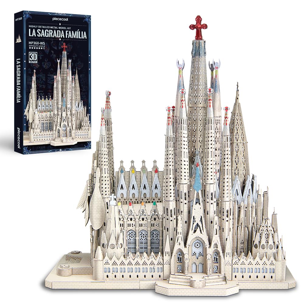 Piececool Metal Puzzle 3D Cattedrale Della Sacra Famiglia, Cattedrale Gotica Puzzle 3D Metallo, Modellini per Acciaio Inossidabile, Raccolta, Metallico, Modellismo da Costruire Adulti, 450 Pezzi