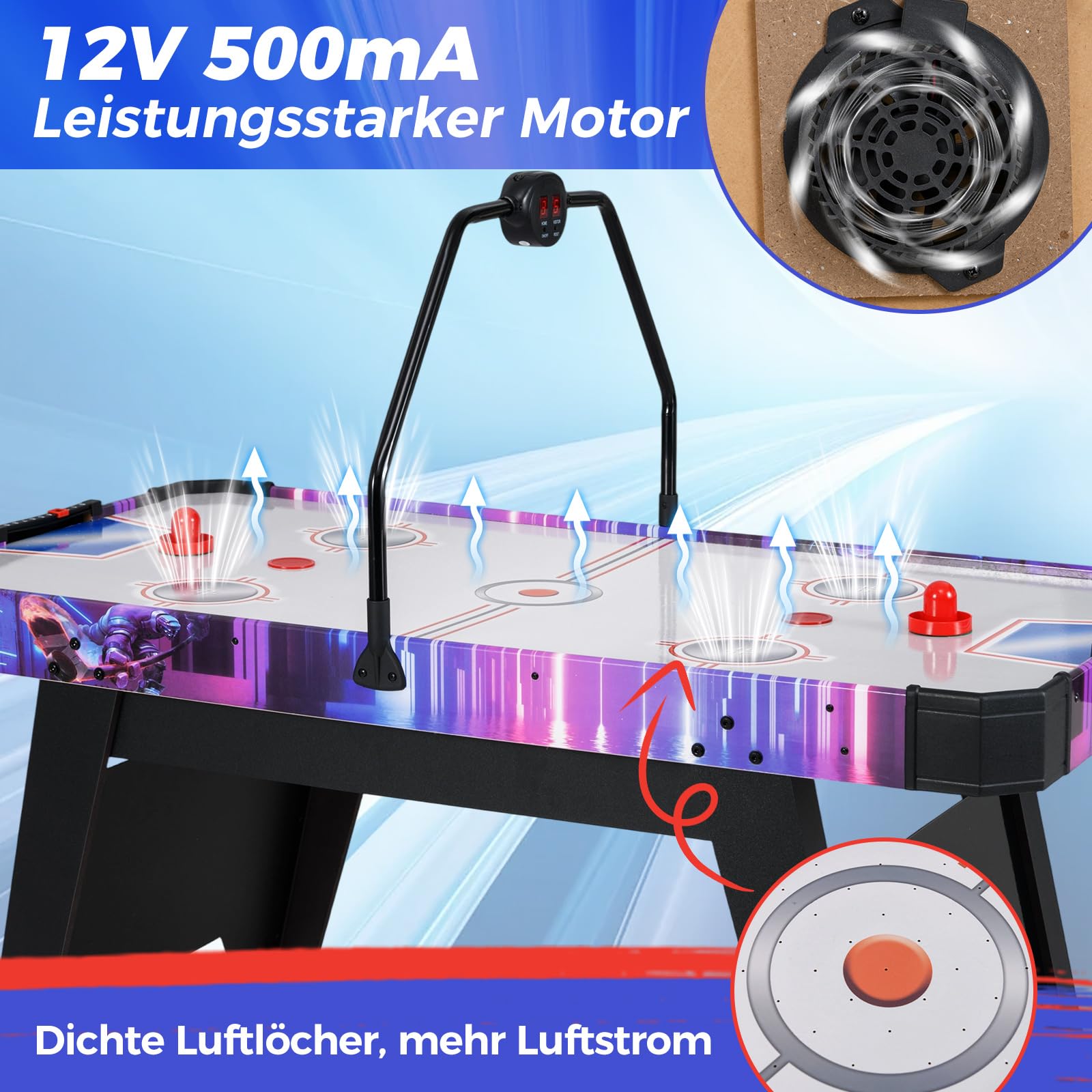 COSTWAY Airhockey Tisch mit LED-Digitalanzeige, Air Hockey Spieltisch elektrisch mit 12V Motor, Tischhockey inkl. 2 Schläger & 2 Pucks, Lufthockey Speedhockey für Zuhause, Spielzimmer & Büro