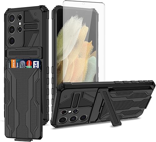 Asuwish Funda de teléfono para Samsung Galaxy S21 Ultra Glaxay S21Ultra 5G con cubierta protectora de pantalla de vidrio templado y soporte para