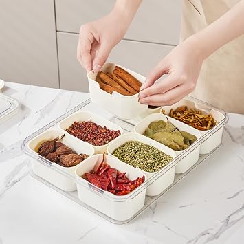 Divided Veggie Tray with Lid and Handle Serving Tray Portable Travel Snack Storage Containers Stackable Snackle Box Charcuterie Container for Fruit,Vegetable,Salad (1Pc 8 Compartments)