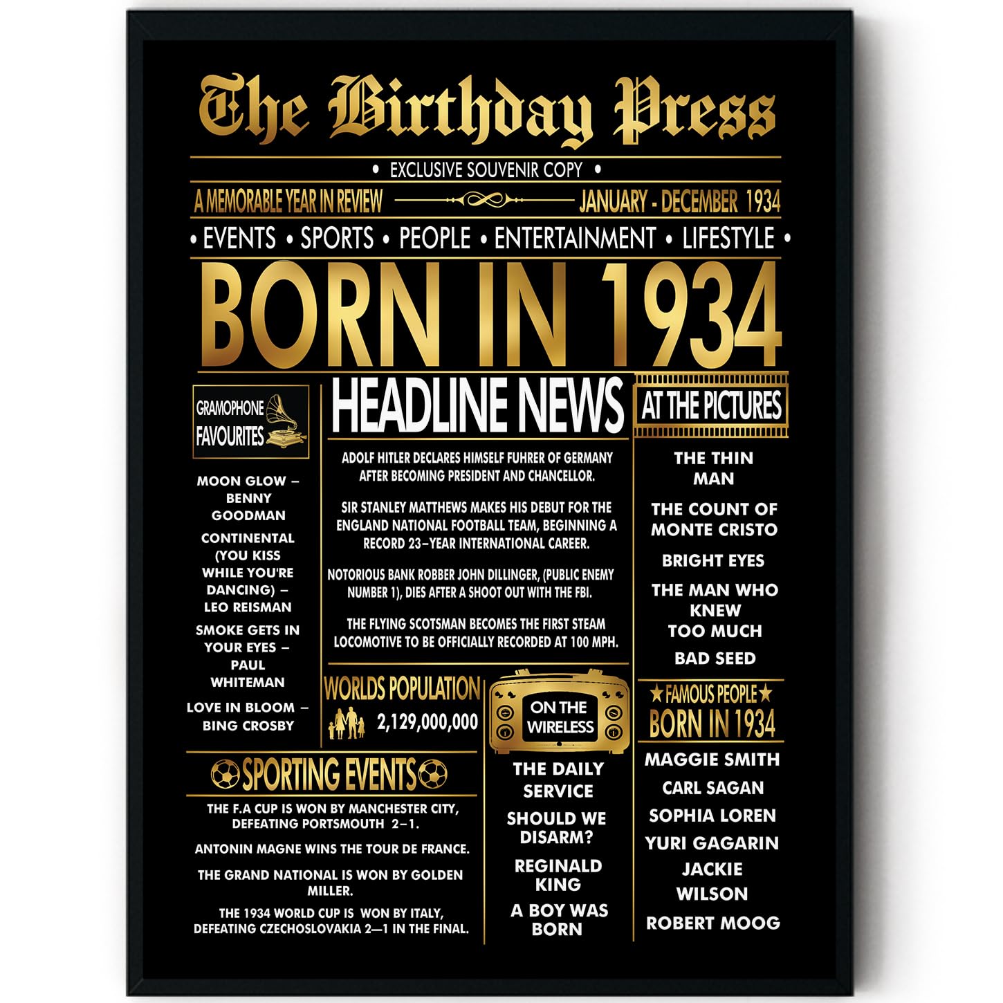 Stuff4 Men's 1934 Gold 92Nd Birthday Poster Framed, Golden Born In Newspaper