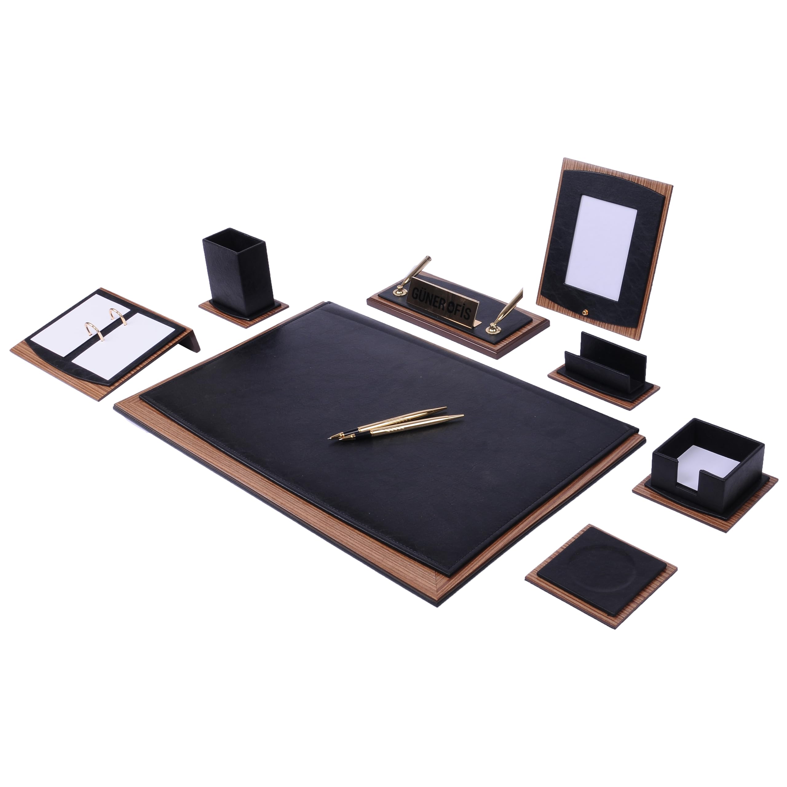 Set di organizer da scrivania in pelle Lux, combinazione di legno di noce - Accessori da scrivania per ufficio - Forniture per scrivania - Set da scrivania in pelle - Accessori per ufficio - 10 pezzi