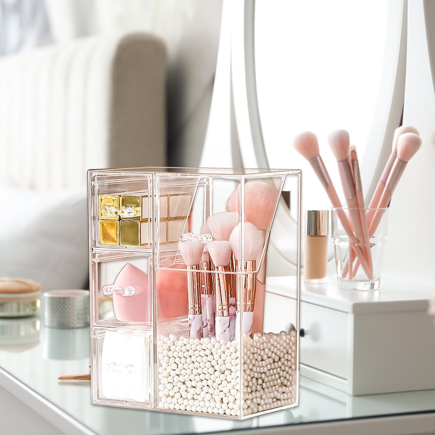 Acrylic Makeup Brush Holder with Lid - Cosmetics Storage Display Case - Clear Cosmetic Makeup Brush Organizer and Storage Box with Cover for Vanity (Style 2)