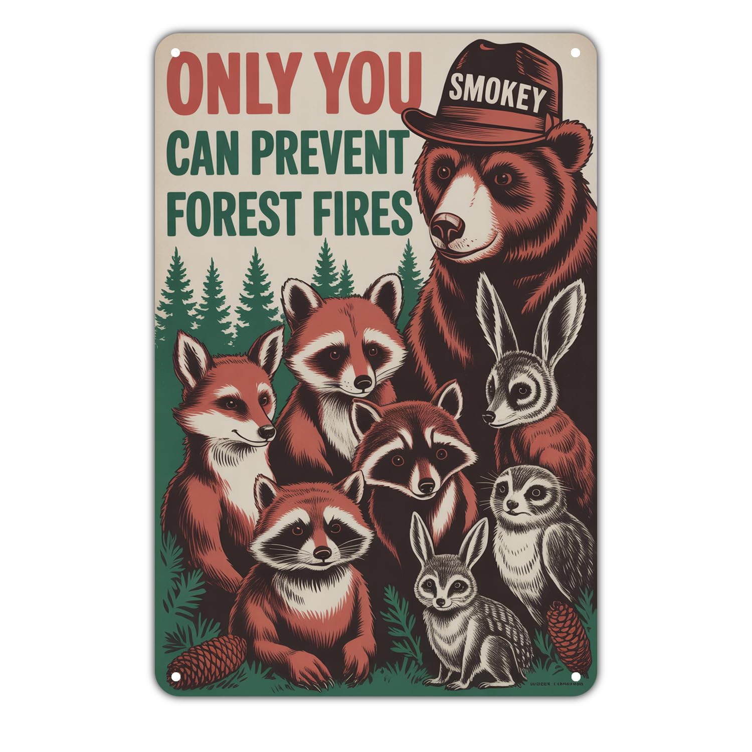 Smokey Bear Animal Friends Tin Sign Vintage Forest Fire Prevention Metal Sign Print Aesthetic Metal Tin Sign 8X12 Inch