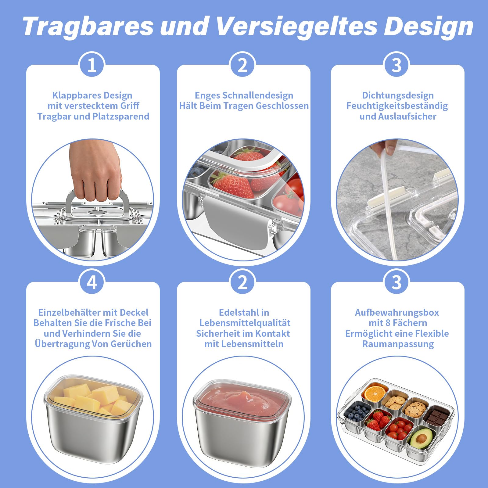 Snackbox Edelstahl mit 8 Fächern, Tragbar & Auslaufsicher, Spülmaschinenfest