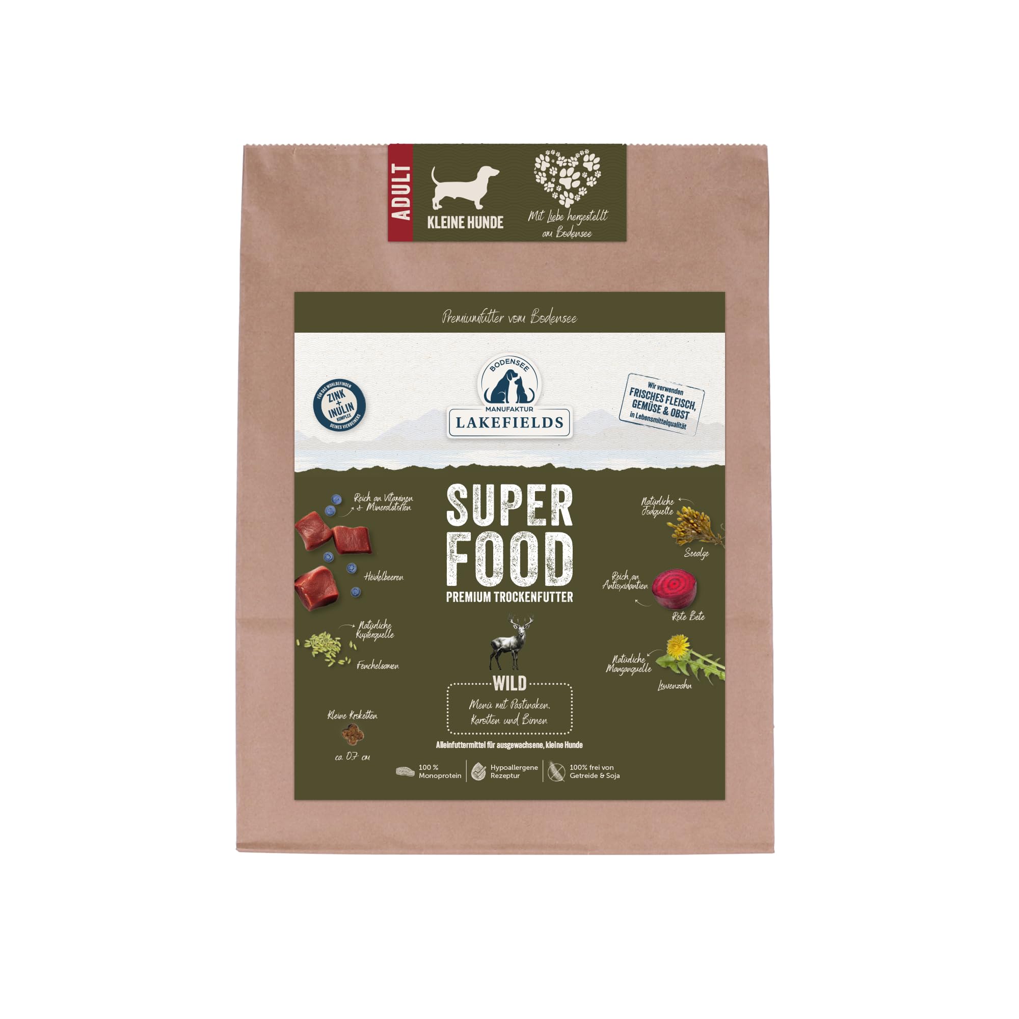 LAKEFIELDS MANUFAKTUR - SUPERFOOD - sucha karma dla psów premium, dzika 61%, sucha karma bez zbóż dla małych dorosłych psów, pojedyncza karma z dziczyzną, nasionami konopi i burakami, 4 x 1 kg