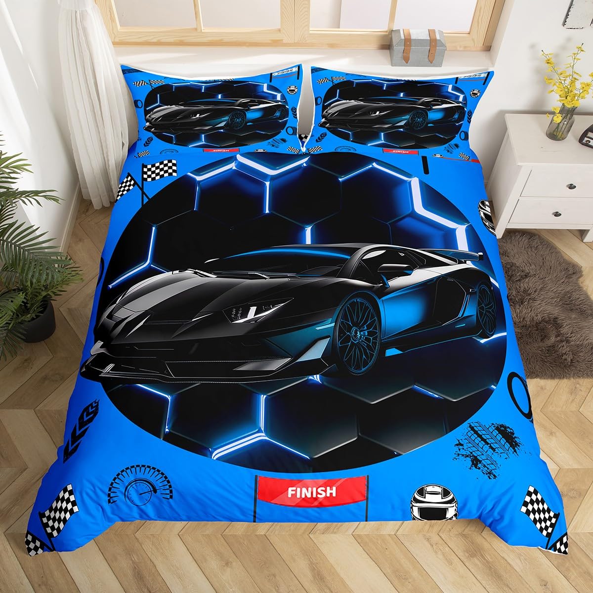 Homewish Niebieska poszewka na kołdrę z motywem samochodu wyścigowego, super king, dla dzieci i dorosłych, neonowa pościel o strukturze plastra miodu, dla nastoletnich chłopców, sporty ekstremalne