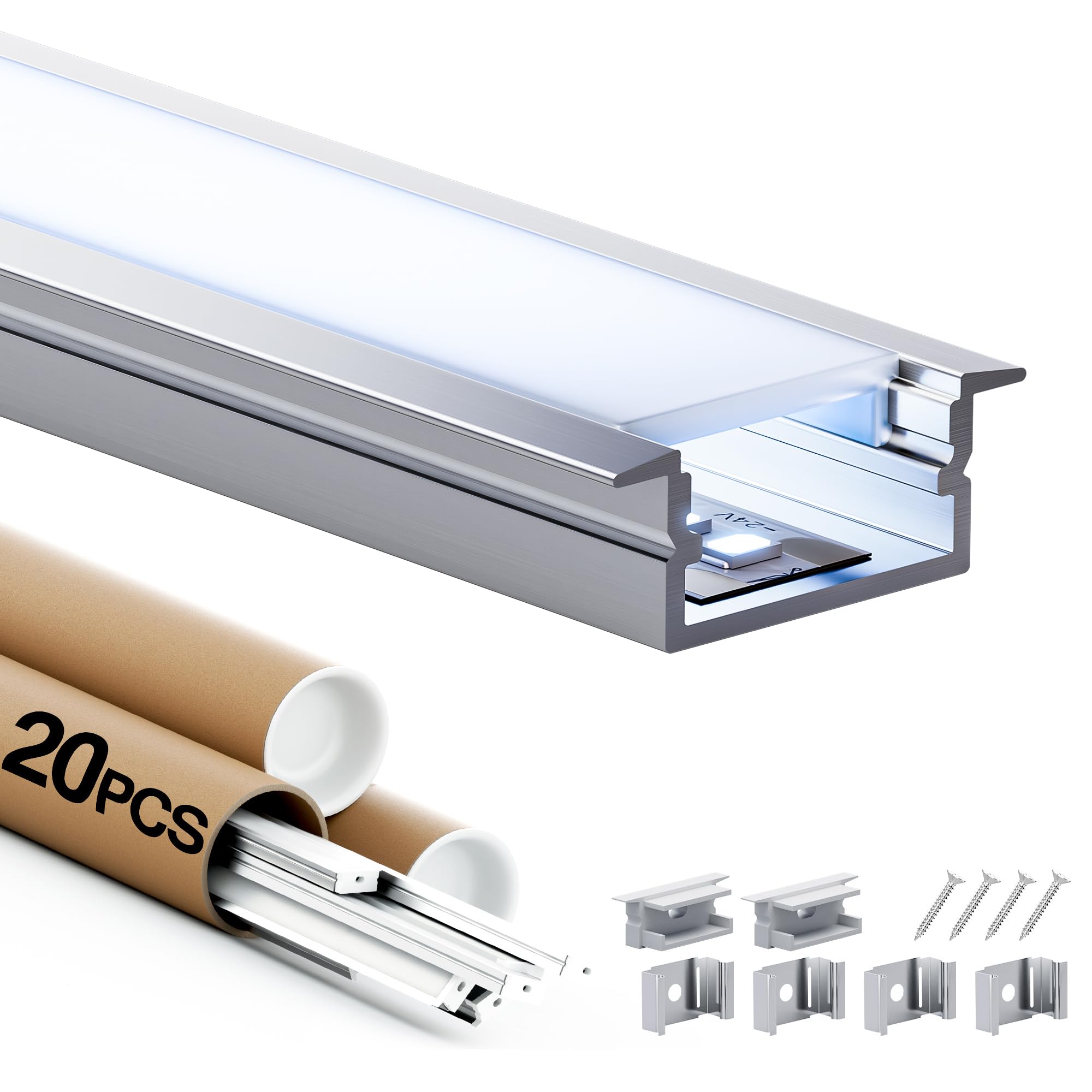 Shine Plus Profilo per cartongesso, 2 m x 20 pezzi, a forma di U, in alluminio, con canali LED con copertura bianca lattea con tappi terminali e clip di montaggio. La larghezza interna del profilo è