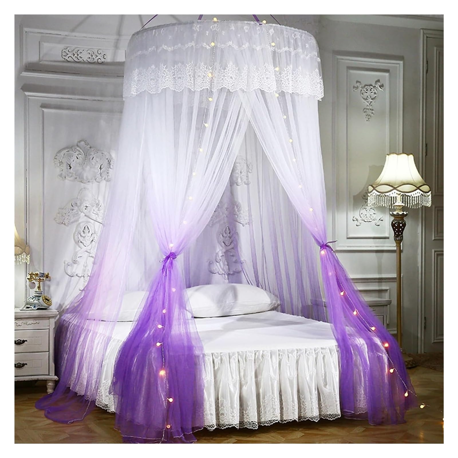 Moustiquaire ciel de lit baldaquin violet pour lit fille avec dentelle et guirlande