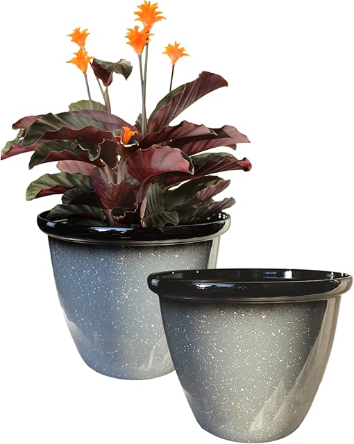 Outdoor Garden Flower Planter Container - Large 10 25.5cm Wide High Gloss Finish Plant Pot. Lightweight & Recycled Plastic. Indoor or Outdoor. Enhance a Deck, Patio, or Balcony. Speckled Grey x 2