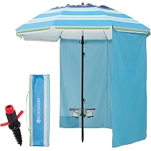 HOMEDEMO 7FT Beach Umbrella with Table & Anchor, Heavy Duty Windproof with UPF 50+ Sun Protection, Outdoor Umbrellas with Adjustable Aluminum Pole