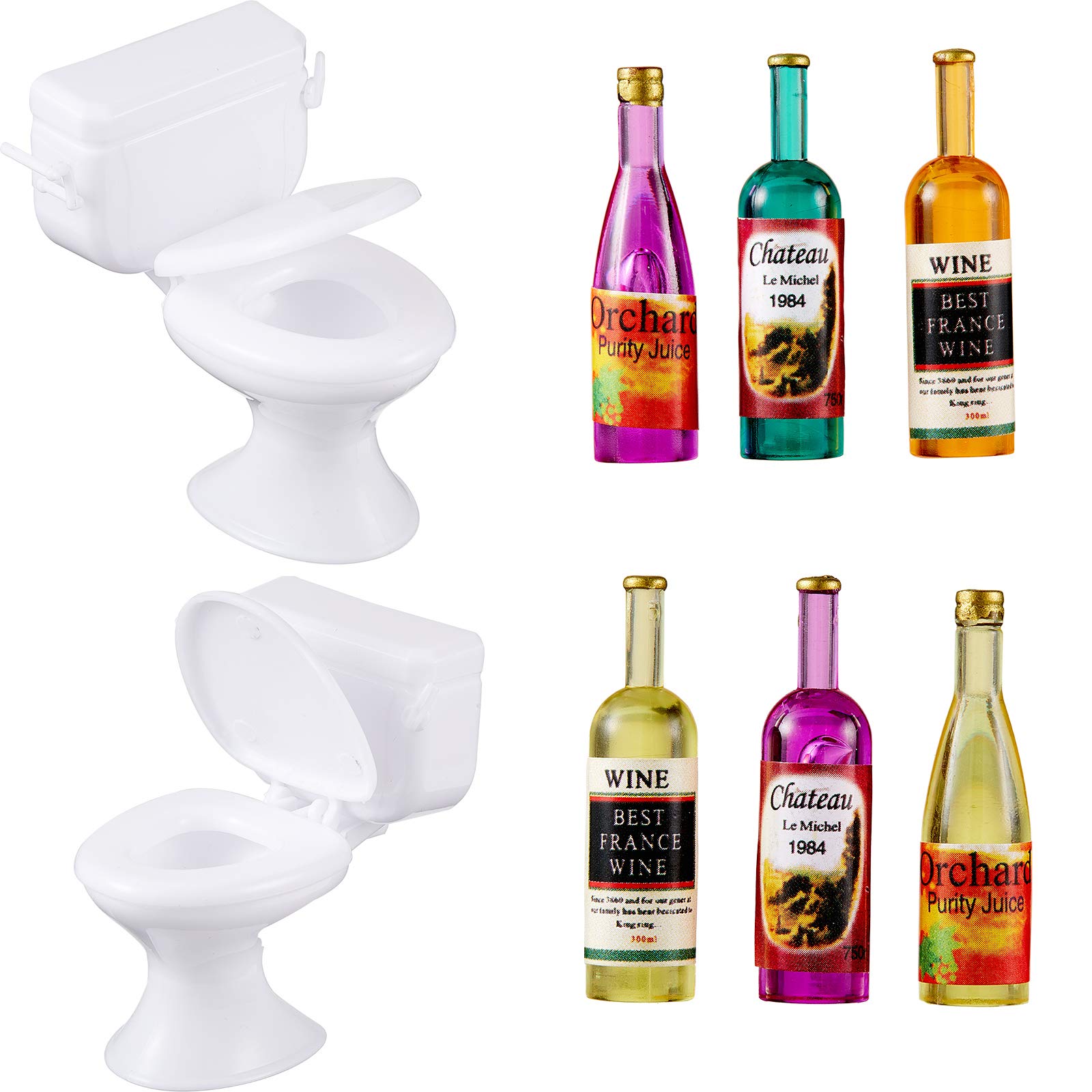 10 Pcs Miniature Wine Bottles with 2 Pieces Mini Toilet Cake Topper Dollhouse Cake Accessories Funny Tiny Toy Set for Celebrating Party Favor Birthday Party Decoration