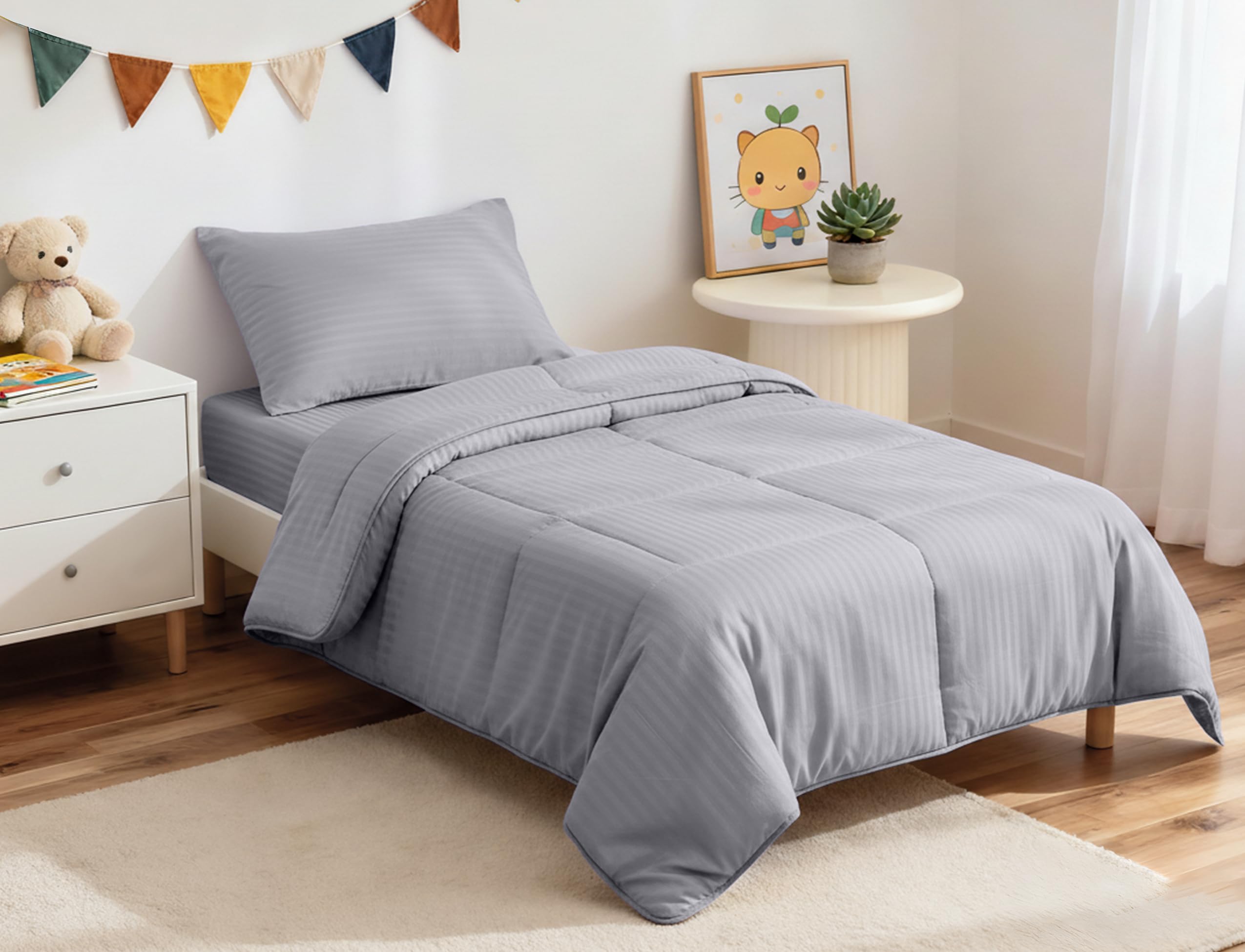 ZPECC Juego de ropa de cama para niños pequeños, juego de ropa de cama suave de 4 piezas para cuna, incluye edredón para niños, sábana encimera, sábana bajera y funda de almohada, rayas grises