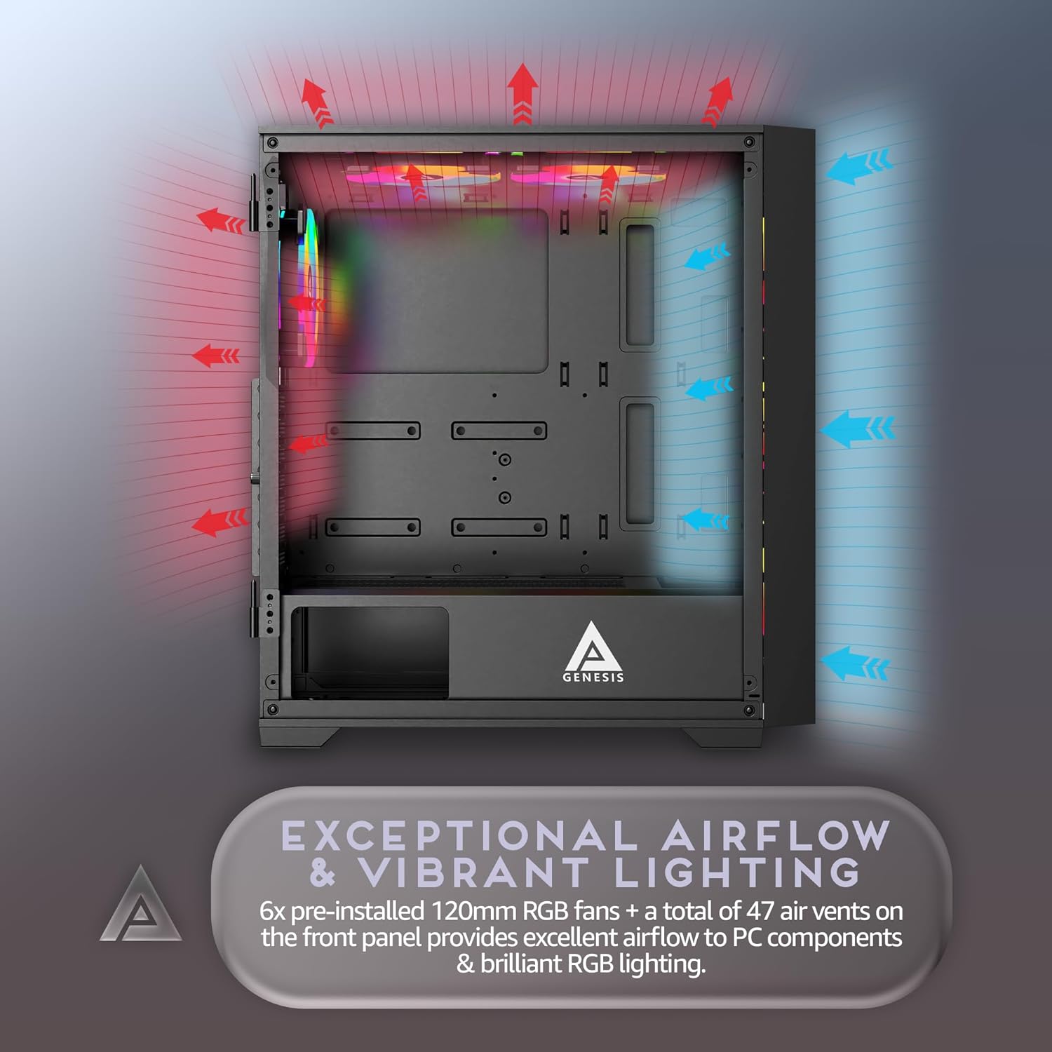 Diagram showing airflow paths within the Apevia Genesis Pro G-PRO-BK case, with red arrows indicating exhaust and blue arrows indicating intake.