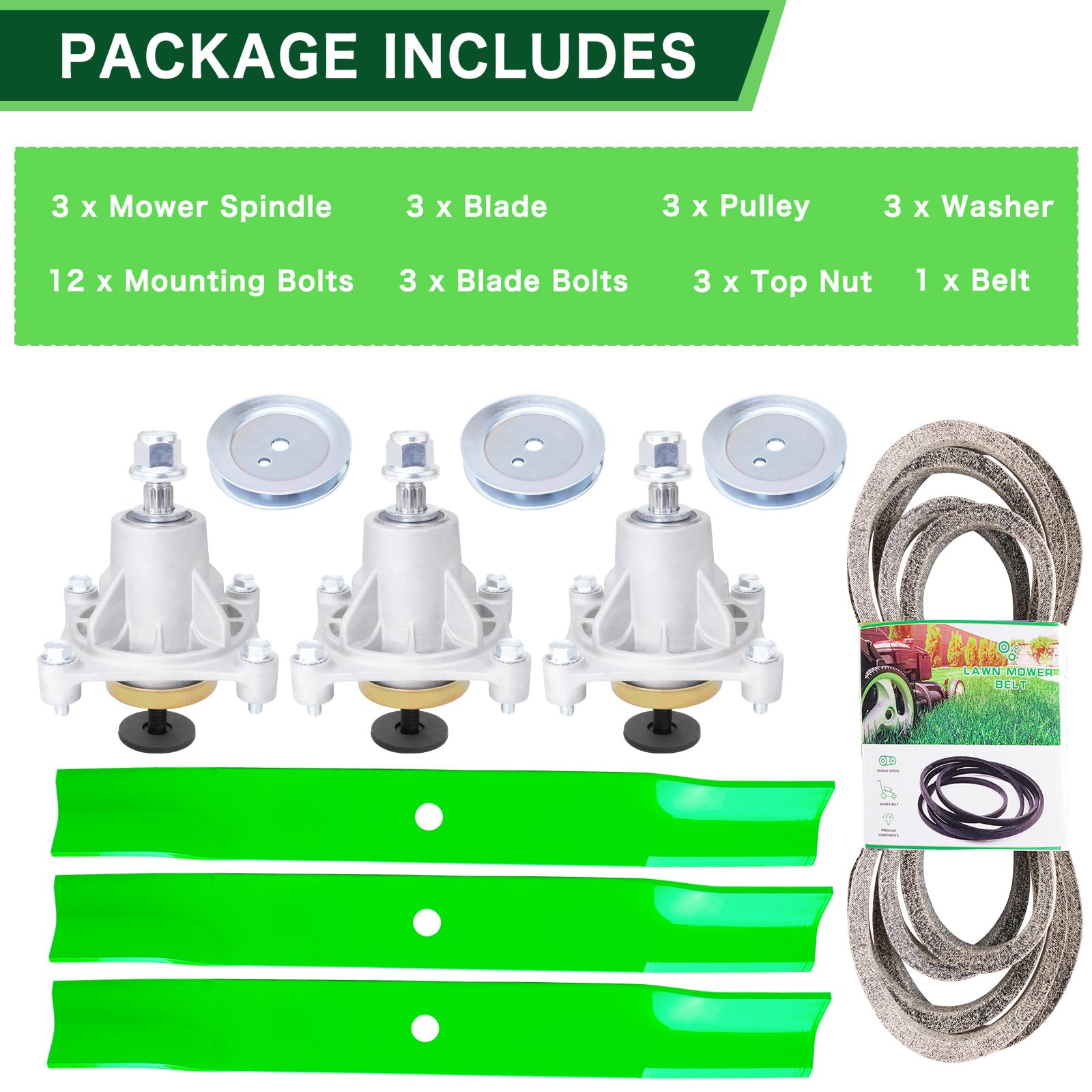 Kit de reconstrucción de cubierta para cortacésped Hus Tler Raptor, incluye (3) husillos 604214 (3) cuchillas 603995 783753 (3) polea de husillo 603988 (1) Be lt 791988