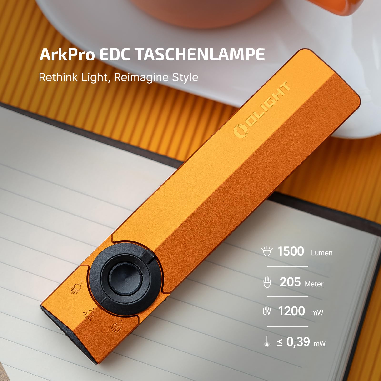 OLIGHT ArkPro Latarka z promieniowaniem UV i światłem zielonym, 1500 lumenów, zasięg 205 m, latarka z skupionym i czystym światłem rozproszonym do użytku na zewnątrz, wodoodporna IPX7, pomarańczowy