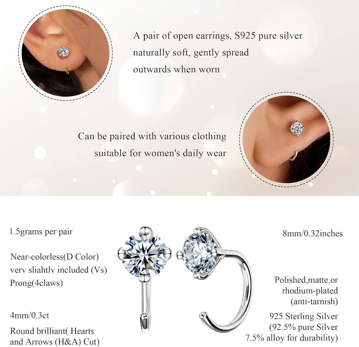 Moissanite Hoop Earrings for Women 925 Sterling Silver Small Huggie, 0.3CT 4mm D Color VVS1 Round Brilliant, Sparkling Minimalist Tiny Cartilage Earring Jewelry