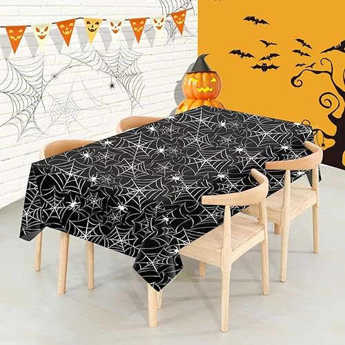 Miniatura 4 de Fundas de mesa de Halloween  3 manteles de plástico desechables de 108 x 54 pulgadas, decoración de mesa a prueba de derrames, color naranja, negro,