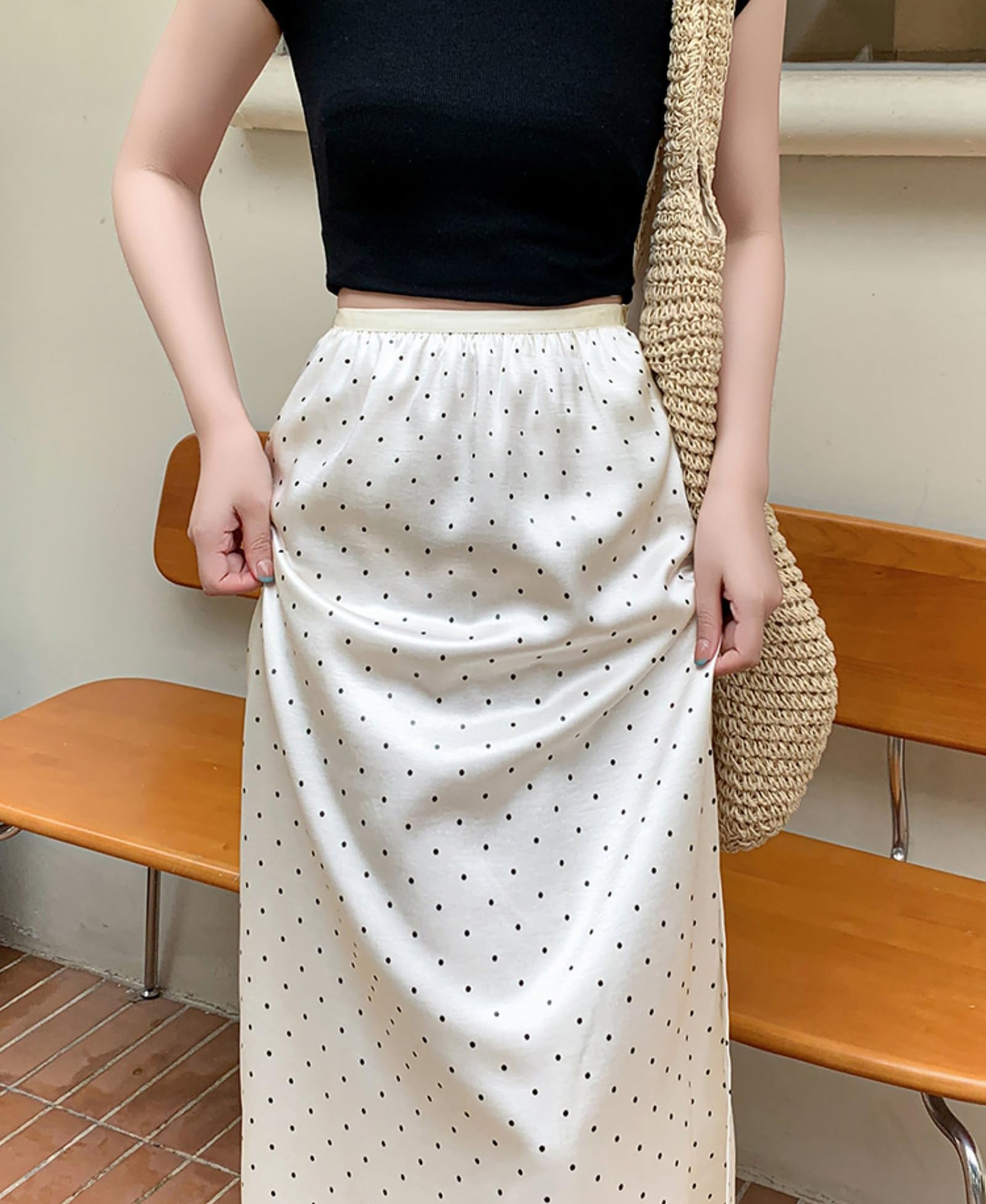Jupe À Pois Pour Femmes Taille Élastique Coupe Slim Tulle Doublure Fentes Latérales Mode Décontractée Jupes Longues En Satin