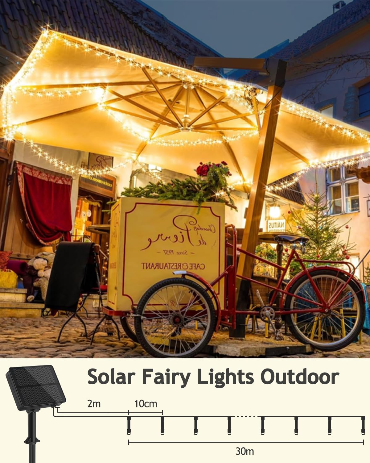 Catena di luci solari per esterni, 30 m, 300 LED, resistente alle intemperie