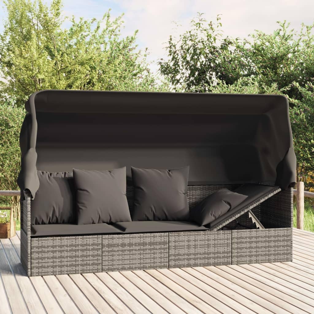 IKAYAA Gartensofa mit Liegefunktion Gartensofa mit Sonnendach Loungebett Outdoor Rattan Sofa 3 Sitzer BalkonSofa Gartenbett-Grau