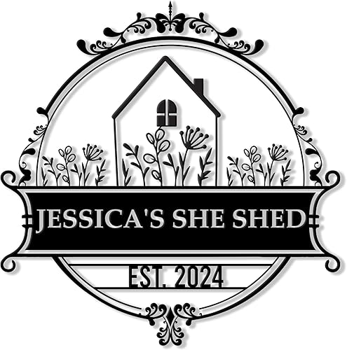 Miniatura 14 de Letrero de metal personalizado con texto en inglés «She Shed» – Decoración de pared con nombre personalizado para jardín, porche, patio, valla o