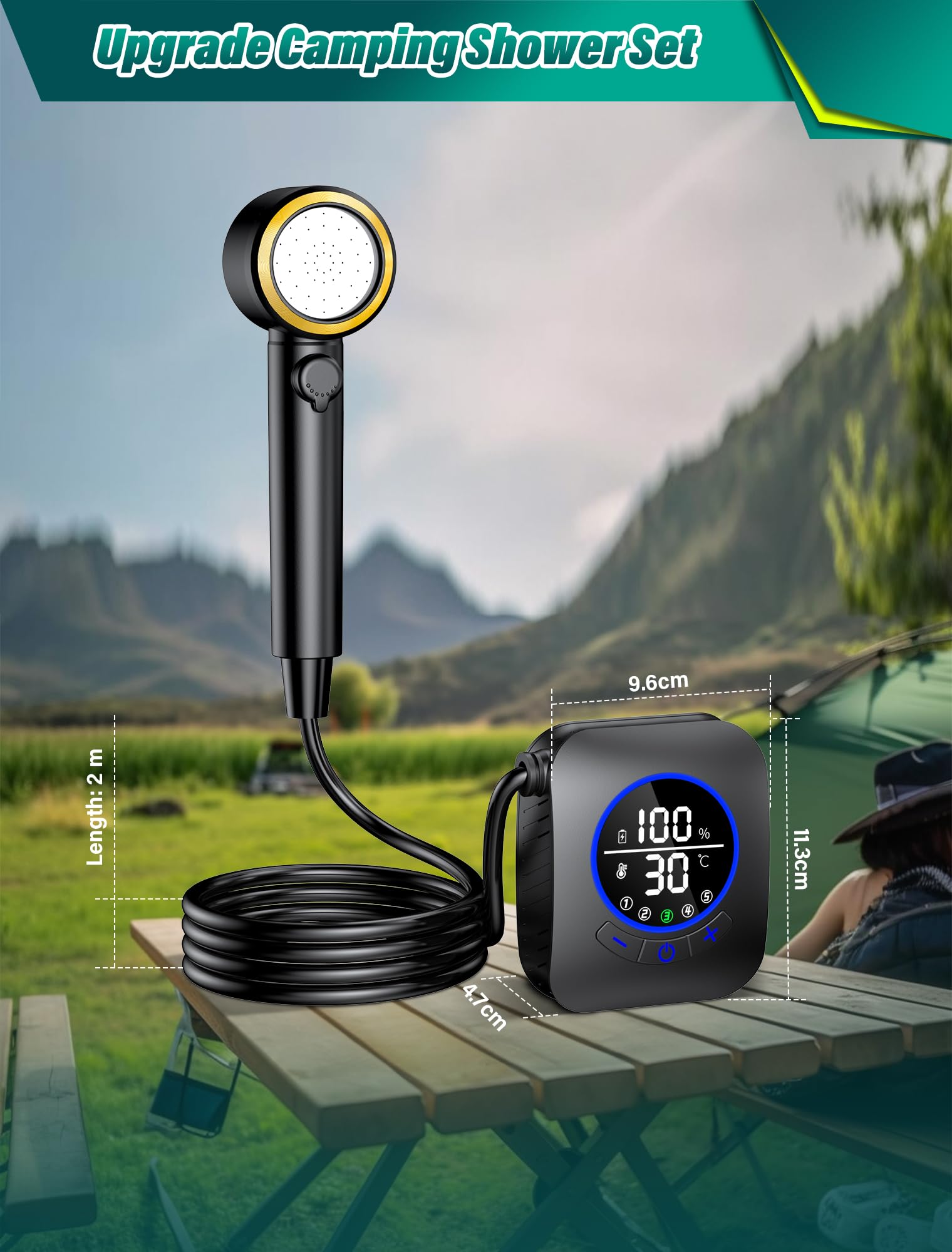 Rsaoty Duchas de Acampada, Ducha Portatil Camping Bateria 8000mAh, Ducha de Camping Portátil con Bomba e Manguera de Ducha de 2m, para Camping, Limpieza de Mascotas, Jardín, Lavado de Coches