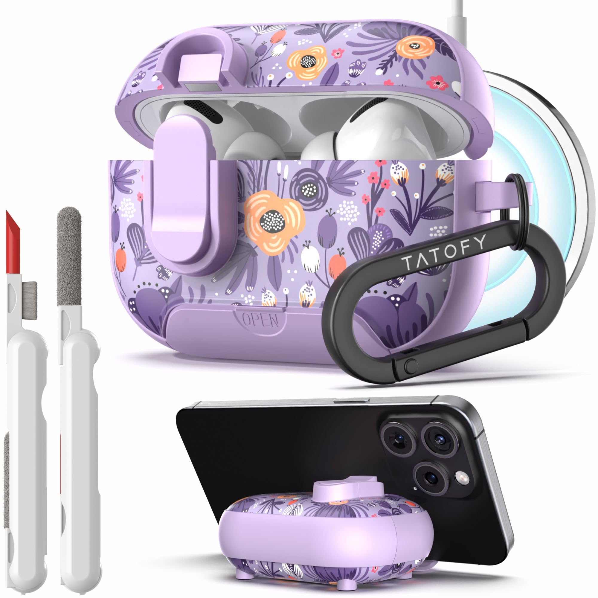 TATOFY for AirPod Pro 1st & 2nd Gen Case with Phone Stand Lock Carabiner Cleaning Kit, Floral AirPods Pro Hard Shell Dustproof Cover for Women,