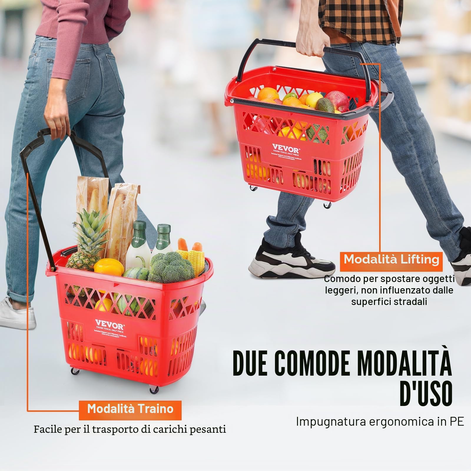 VEVOR Cestini Spesa, Cestino Spesa Rotolante in Plastica con Manici Ruote, Cestini Spesa Portatili Grandi per Supermercati, Negozi al Dettaglio, Fare la Spesa, 6 Pezzi, Carrelli Spesa 39 Litri